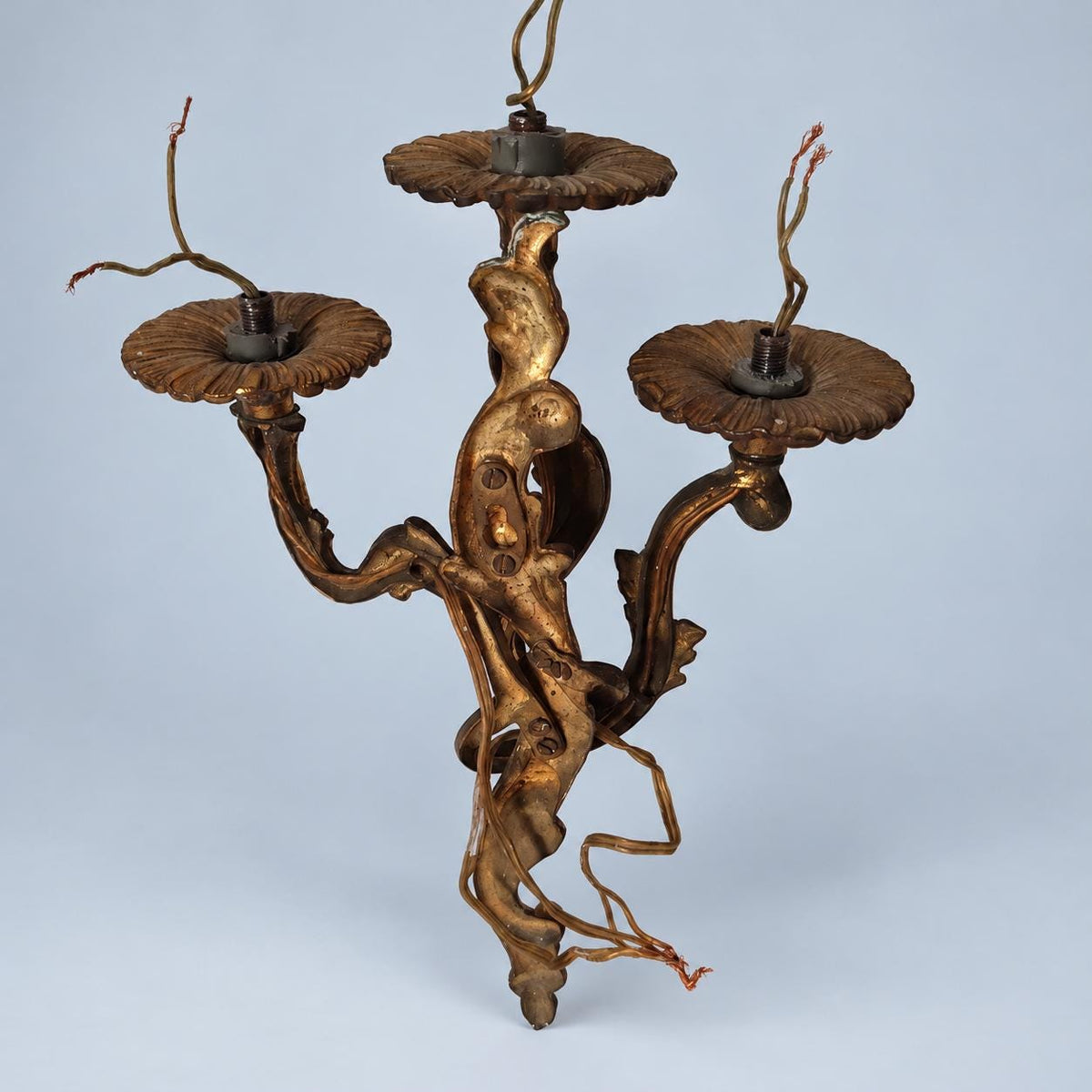 Pair of Vintage Louis XV Style Three-Arm Wall Sconces, Gilt Bronze Finish Rococo Rocaille Candle Lights with Entwined Arms