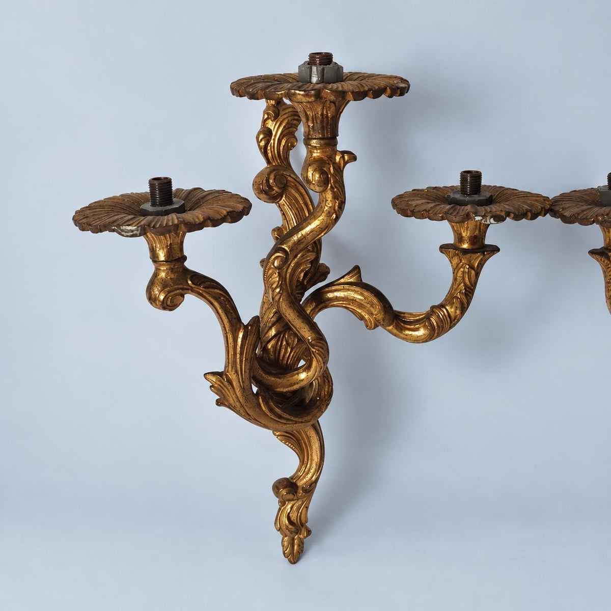 Pair of Vintage Louis XV Style Three-Arm Wall Sconces, Gilt Bronze Finish Rococo Rocaille Candle Lights with Entwined Arms