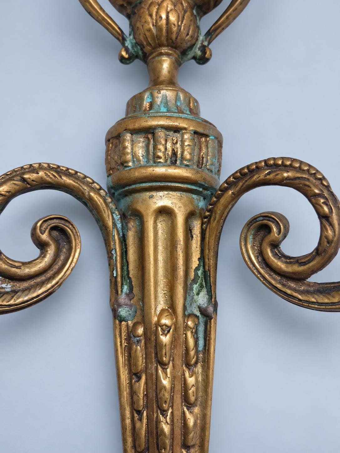Pair of Vintage Louis XVI Style Bronze Two-Arm Candle Wall Sconces, Neoclassical Urn and Fluted Pilaster Design, Hallway Decor