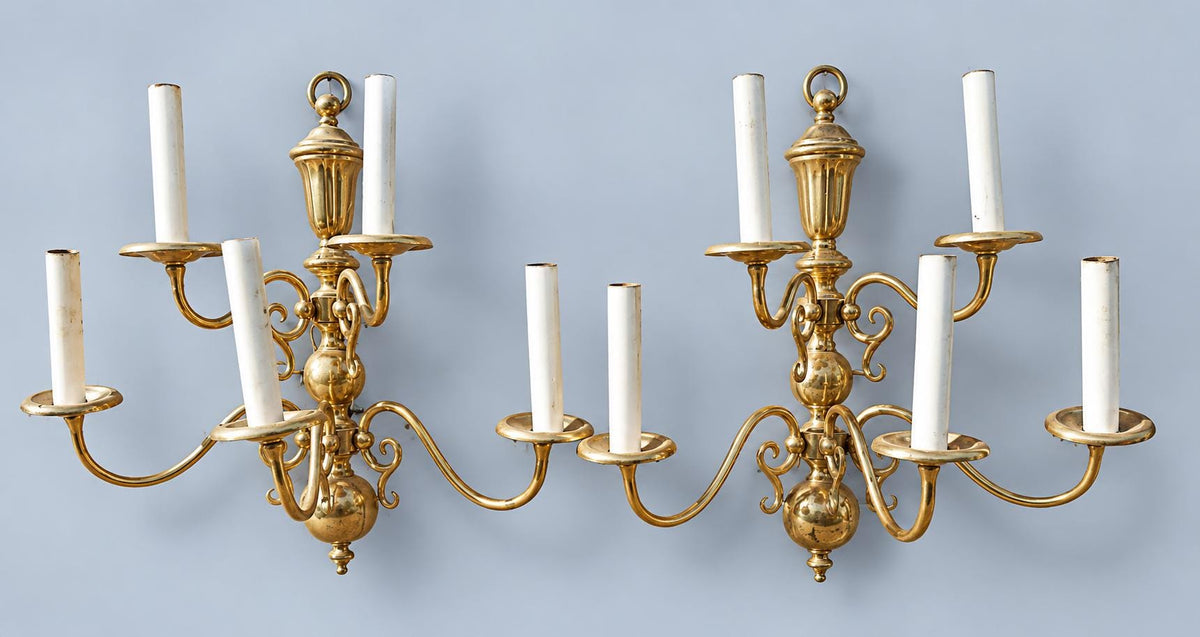 Pair of Large Vintage Dutch Baroque Style Bronze Five-Arm Wall Sconces, Two-Tier Candle Lights with Ball Base for Dining Room or Hall