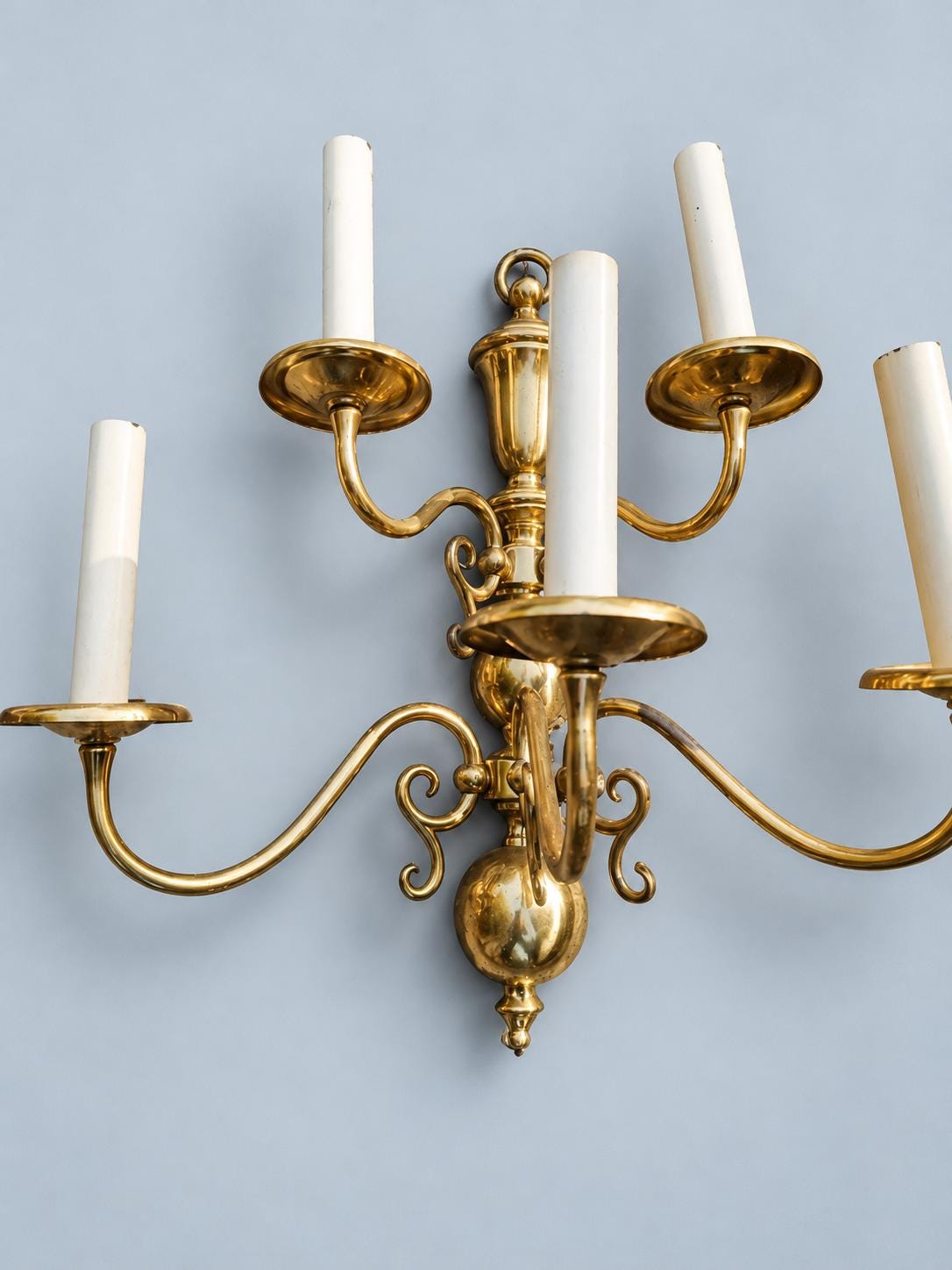 Pair of Large Vintage Dutch Baroque Style Bronze Five-Arm Wall Sconces, Two-Tier Candle Lights with Ball Base for Dining Room or Hall
