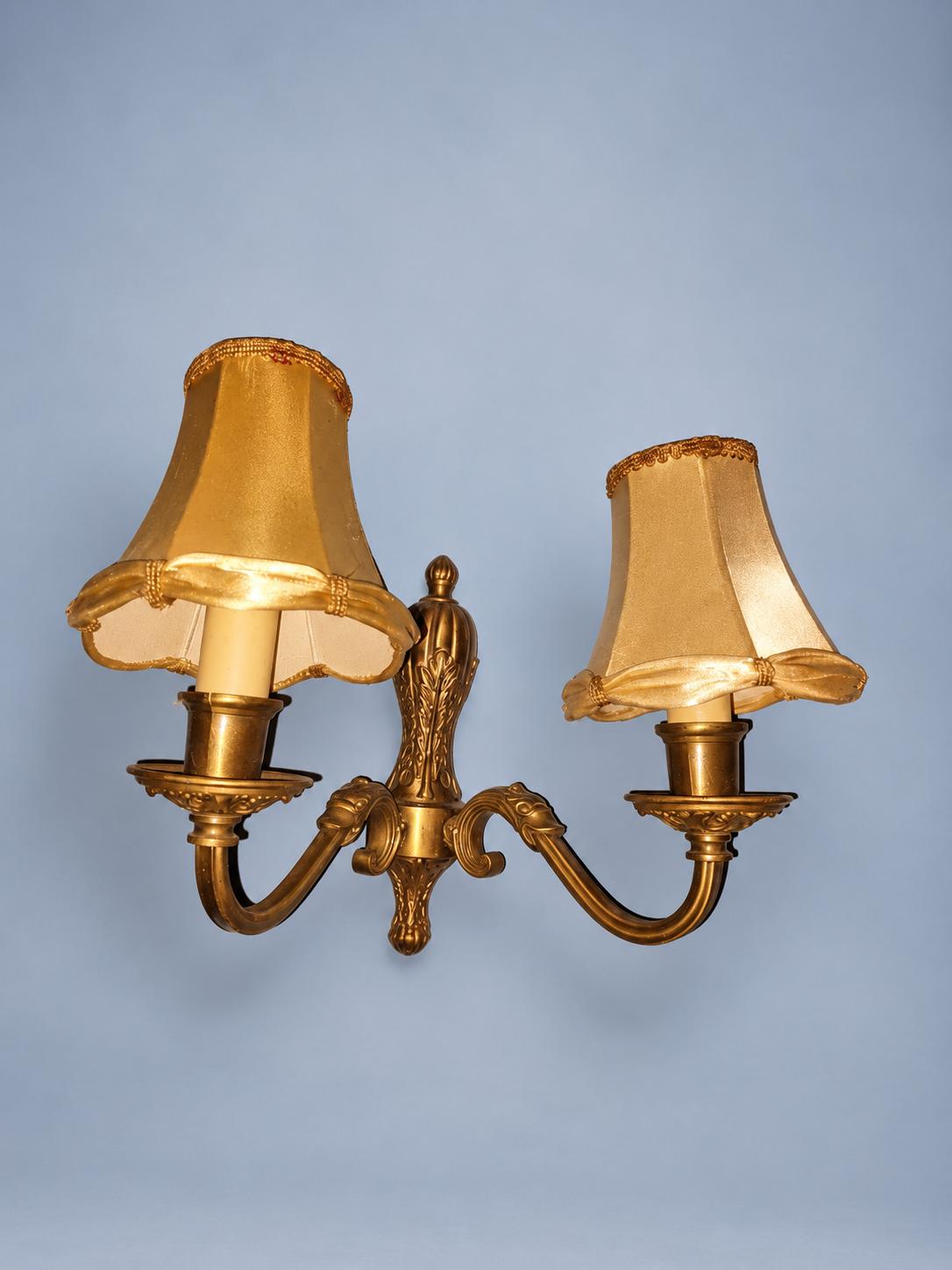 Vintage Brass Two-Arm Wall Sconce with Gold Satin Fabric Lamp Shades, Classic Regency Style Light for Bedroom or Living Room