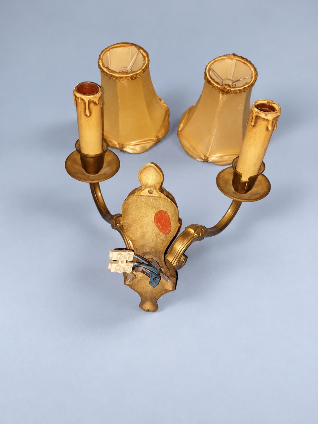 Vintage Brass Two-Arm Wall Sconce with Gold Satin Fabric Lamp Shades, Classic Regency Style Light for Bedroom or Living Room