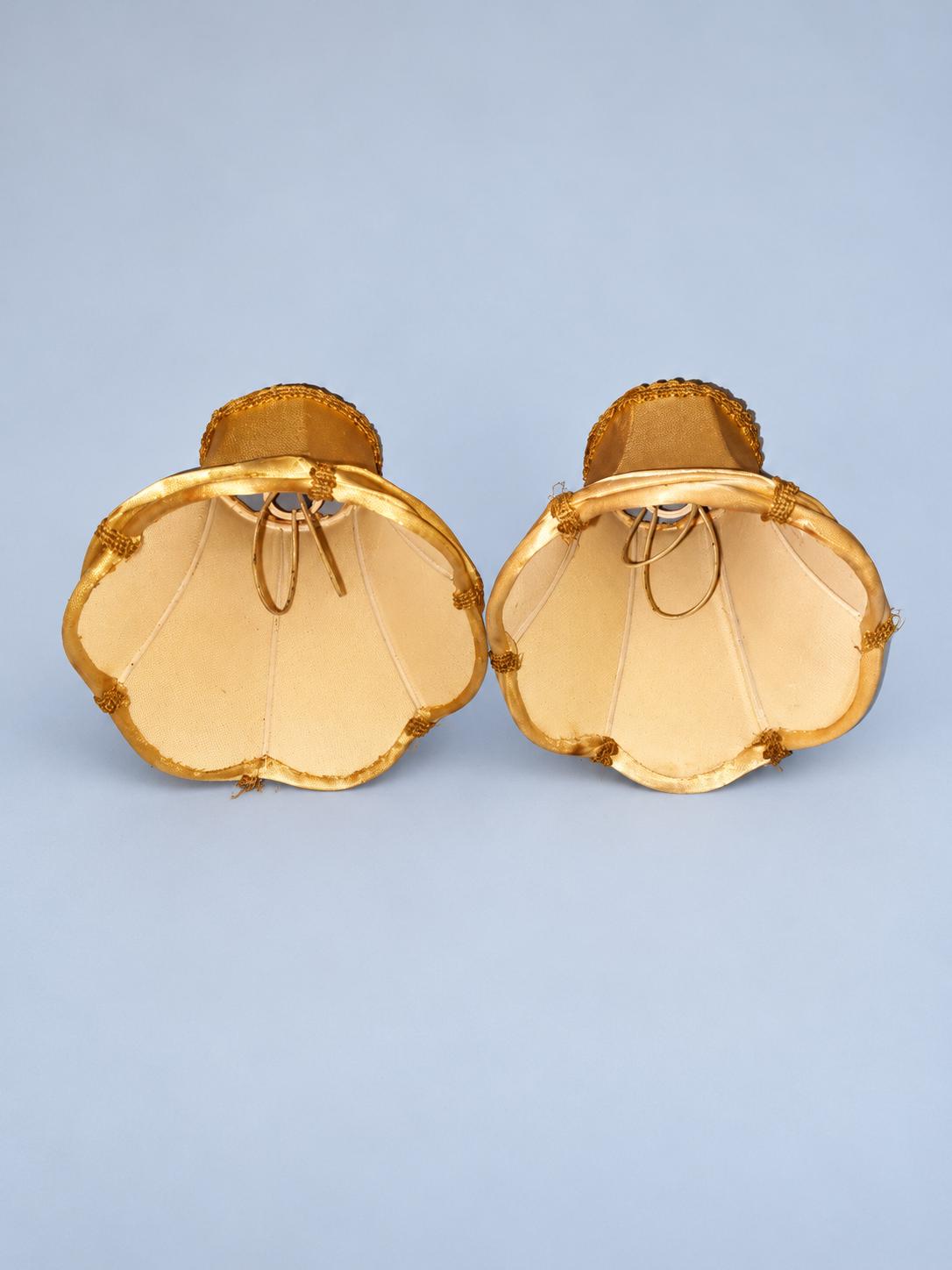 Vintage Brass Two-Arm Wall Sconce with Gold Satin Fabric Lamp Shades, Classic Regency Style Light for Bedroom or Living Room
