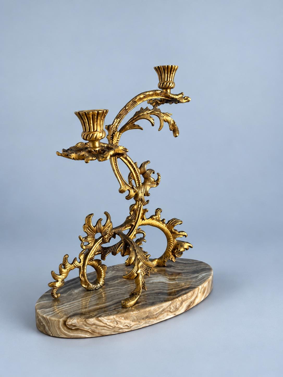 Vintage Pair of Gilt Metal Rococo Two-Light Candelabra on Marble Bases, Mirrored Acanthus Scroll Design