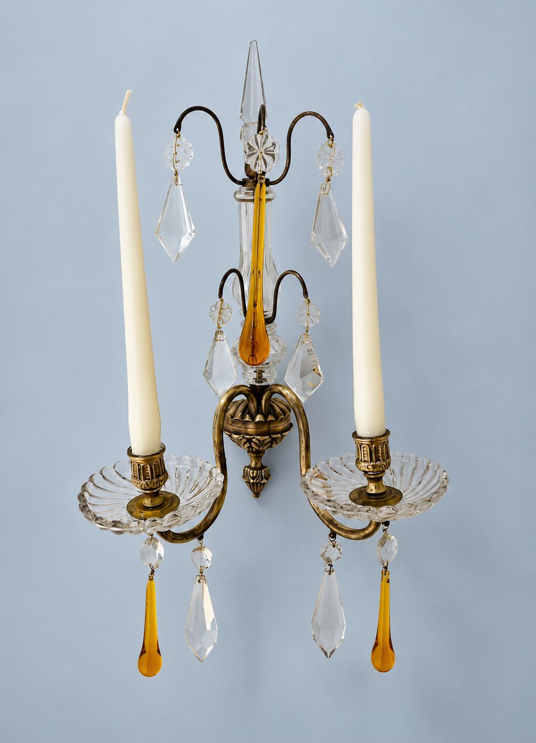 Vintage Neoclassical Brass and Cut Glass Two-Arm Candle Wall Sconce with Amber and Clear Glass Drops