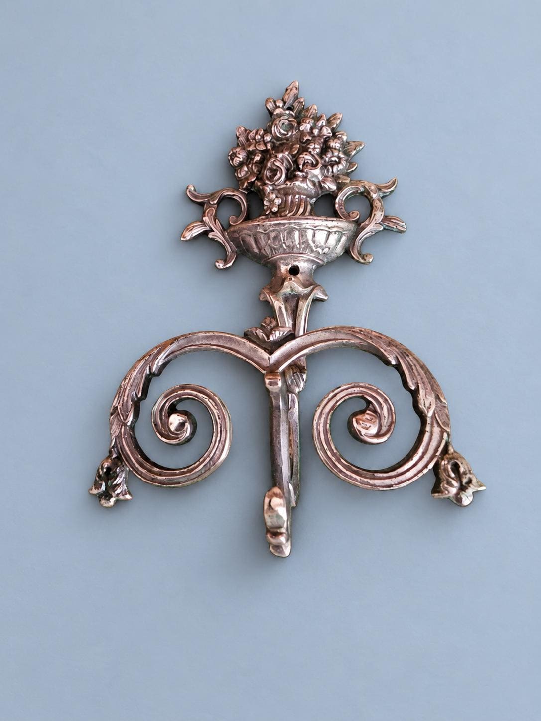 Vintage Silver-Tone Metal Double Coat Hook with Flower Basket Finial, Scrolled Hooks, Ornate Wall Hook