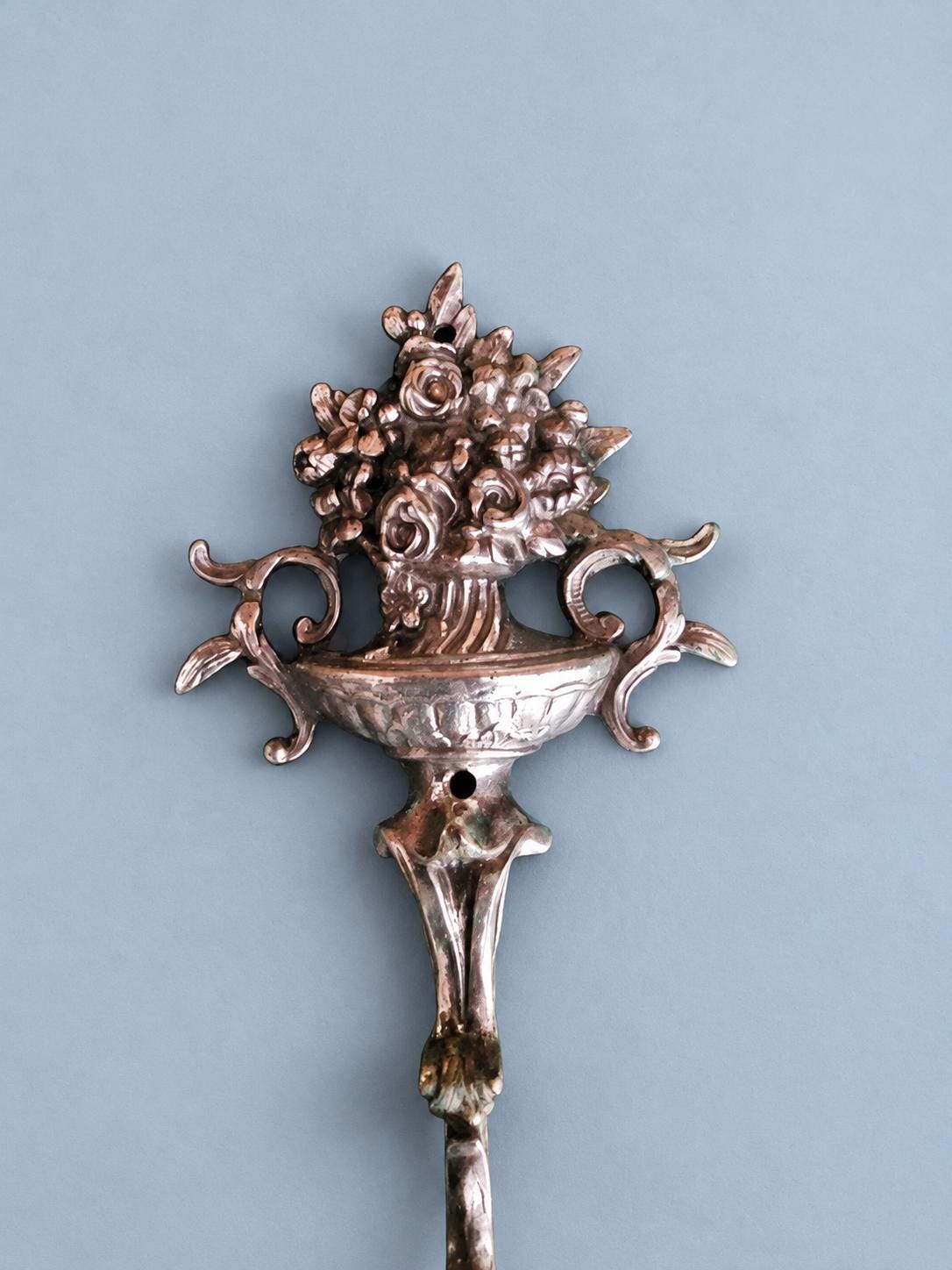 Vintage Silver-Tone Metal Double Coat Hook with Flower Basket Finial, Scrolled Hooks, Ornate Wall Hook