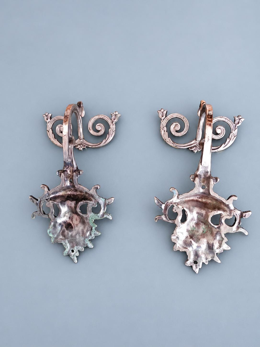Vintage Silver-Tone Metal Double Coat Hook with Flower Basket Finial, Scrolled Hooks, Ornate Wall Hook