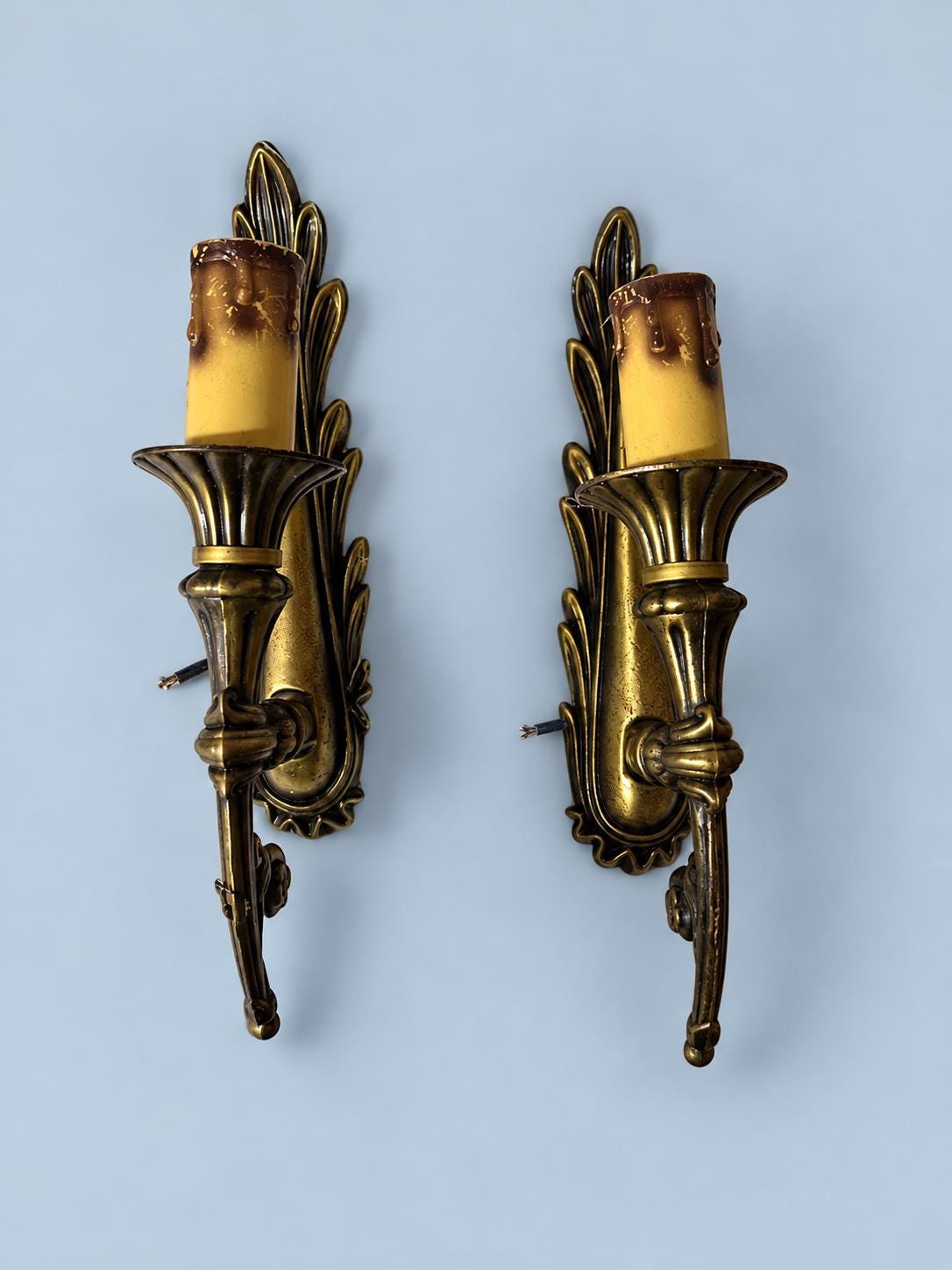 Pair of Vintage Empire Style Brass Wall Sconces with Feather Plume Backplates, Single Candle Lights for Living Room, Bedroom or Hallway
