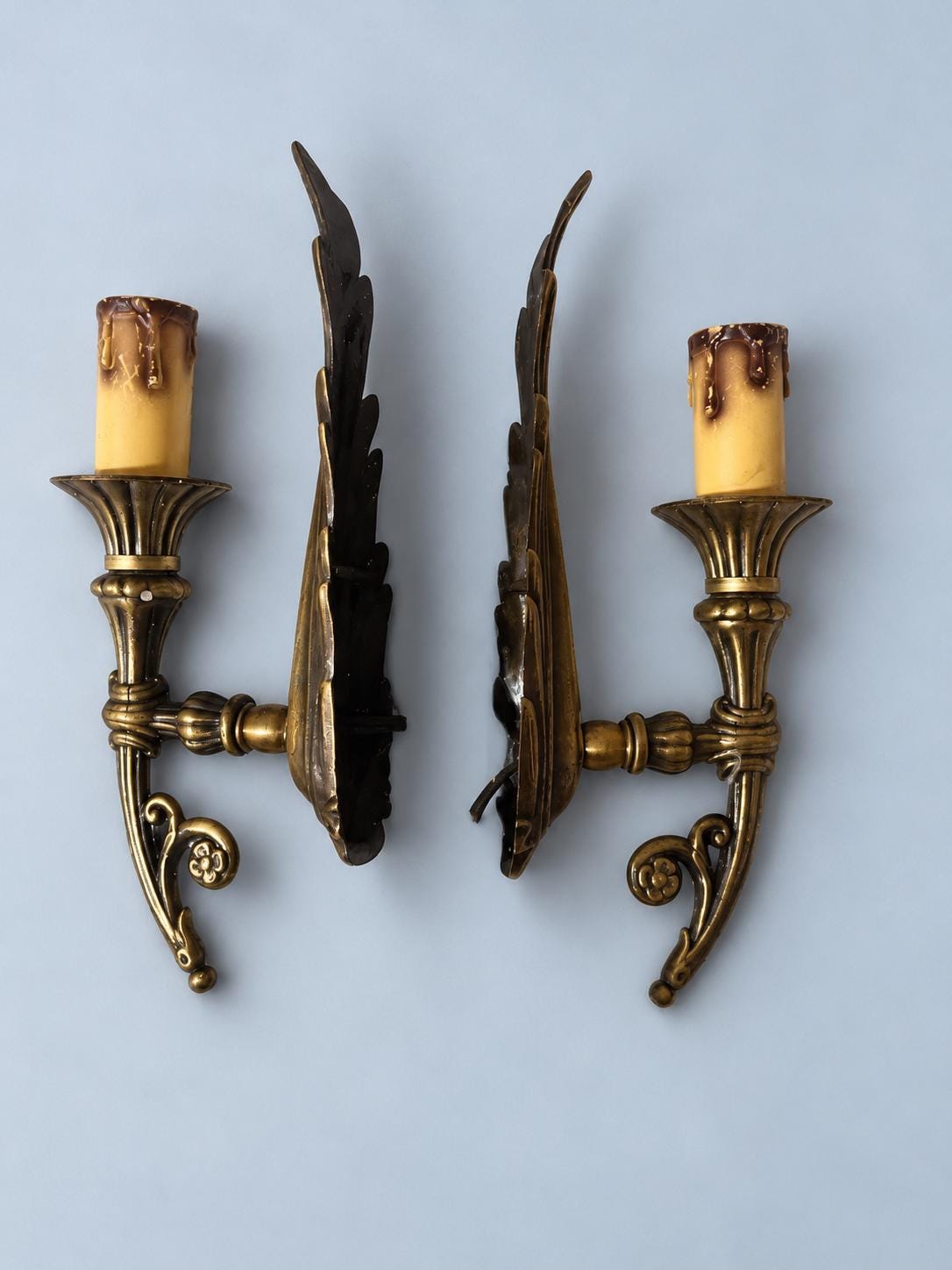 Pair of Vintage Empire Style Brass Wall Sconces with Feather Plume Backplates, Single Candle Lights for Living Room, Bedroom or Hallway