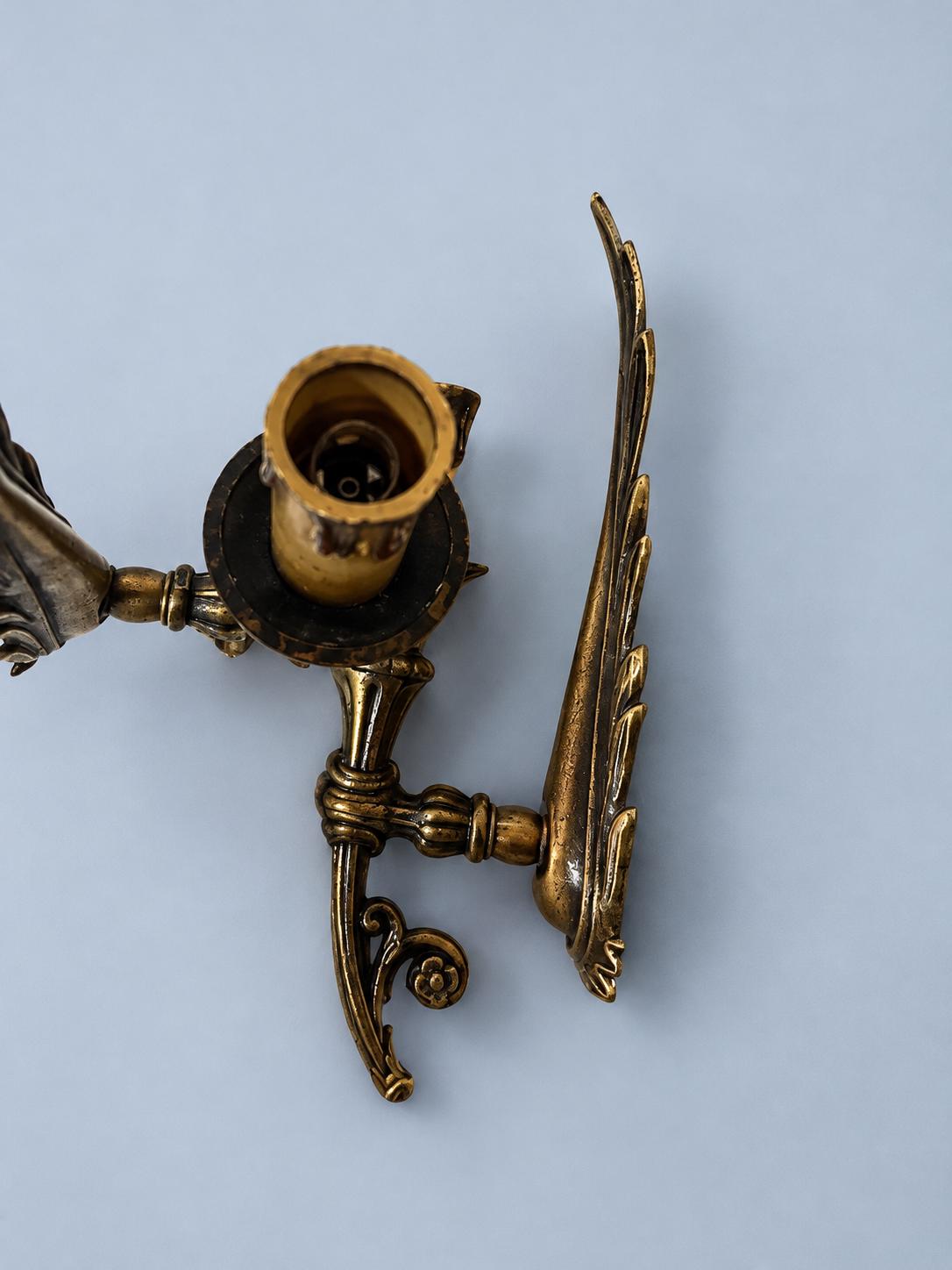 Pair of Vintage Empire Style Brass Wall Sconces with Feather Plume Backplates, Single Candle Lights for Living Room, Bedroom or Hallway