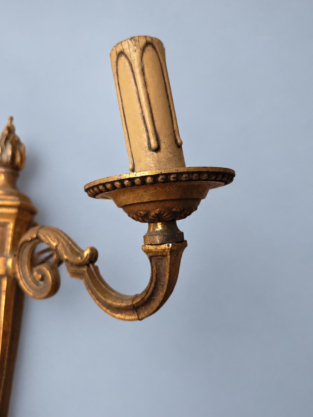 Pair of Vintage Louis XVI Style Bronze Two-Arm Wall Sconces, Neoclassical Torch and Flame Design Candle Lights for Hallway or Bedroom