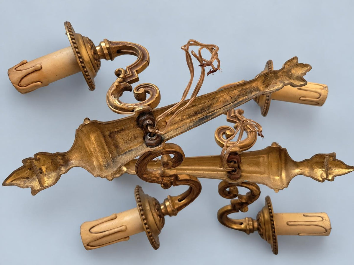 Pair of Vintage Louis XVI Style Bronze Two-Arm Wall Sconces, Neoclassical Torch and Flame Design Candle Lights for Hallway or Bedroom