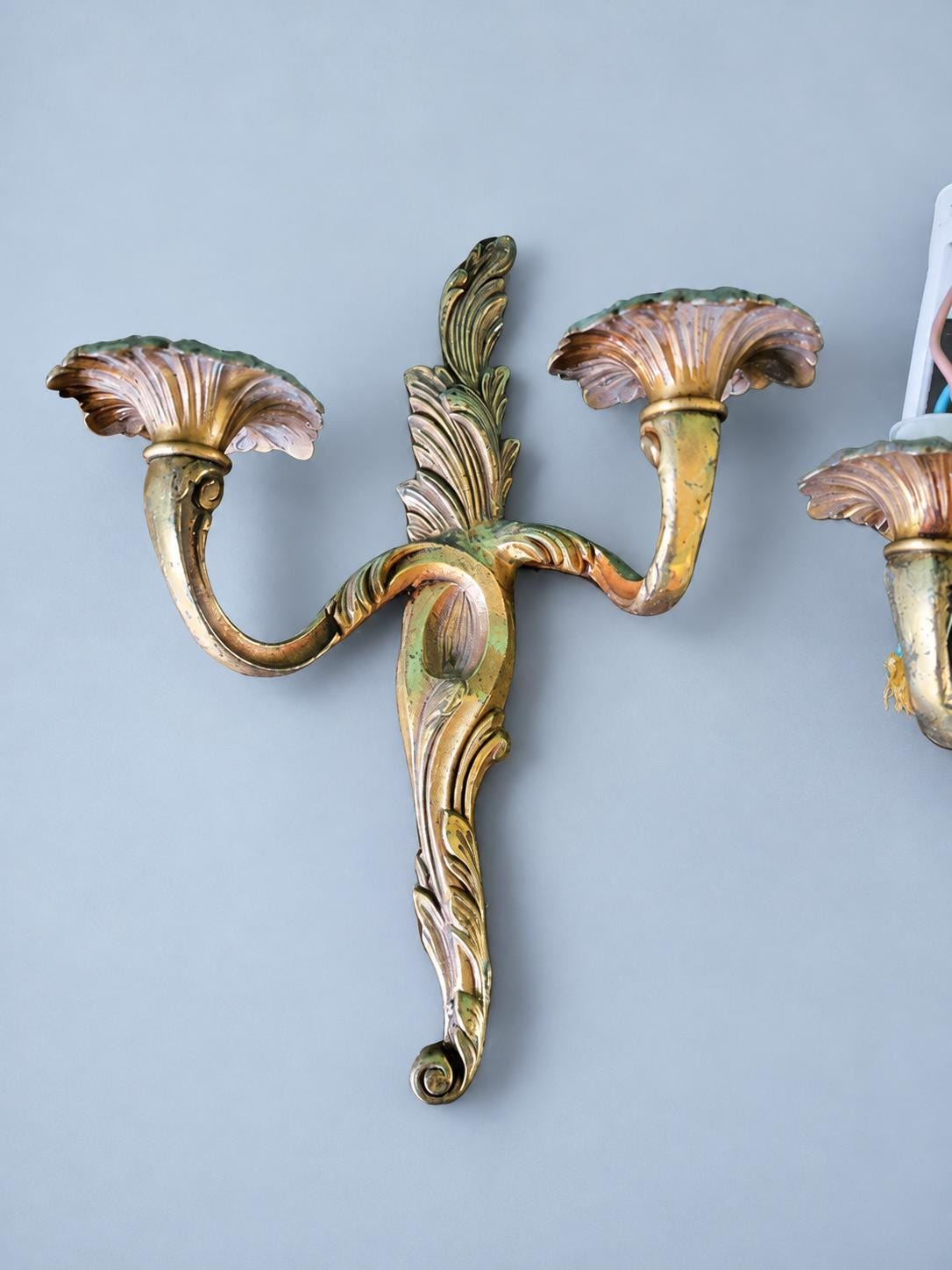 Pair of Vintage Louis XV Style Gilt Two-Arm Wall Sconces, Rococo Acanthus Leaf and Scroll Candle Lights for Entryway or Bedroom