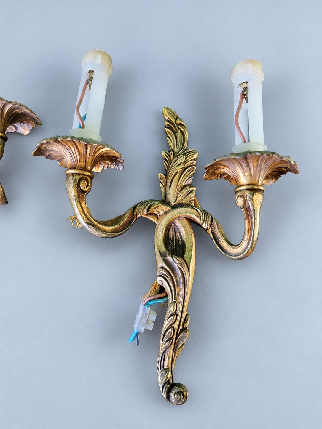 Pair of Vintage Louis XV Style Gilt Two-Arm Wall Sconces, Rococo Acanthus Leaf and Scroll Candle Lights for Entryway or Bedroom