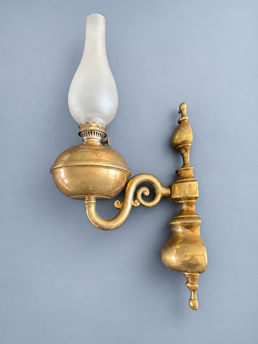 Vintage Brass Wall Oil Lamp with Milk Glass Chimney, Scrolled Bracket and Turned Backplate, Working Wick Mechanism