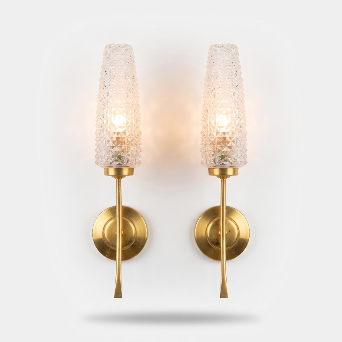 Vintage 1970s Pair of Brass-Tone Tulip Wall Sconces with Tall Diamond-Pattern Glass Shades
