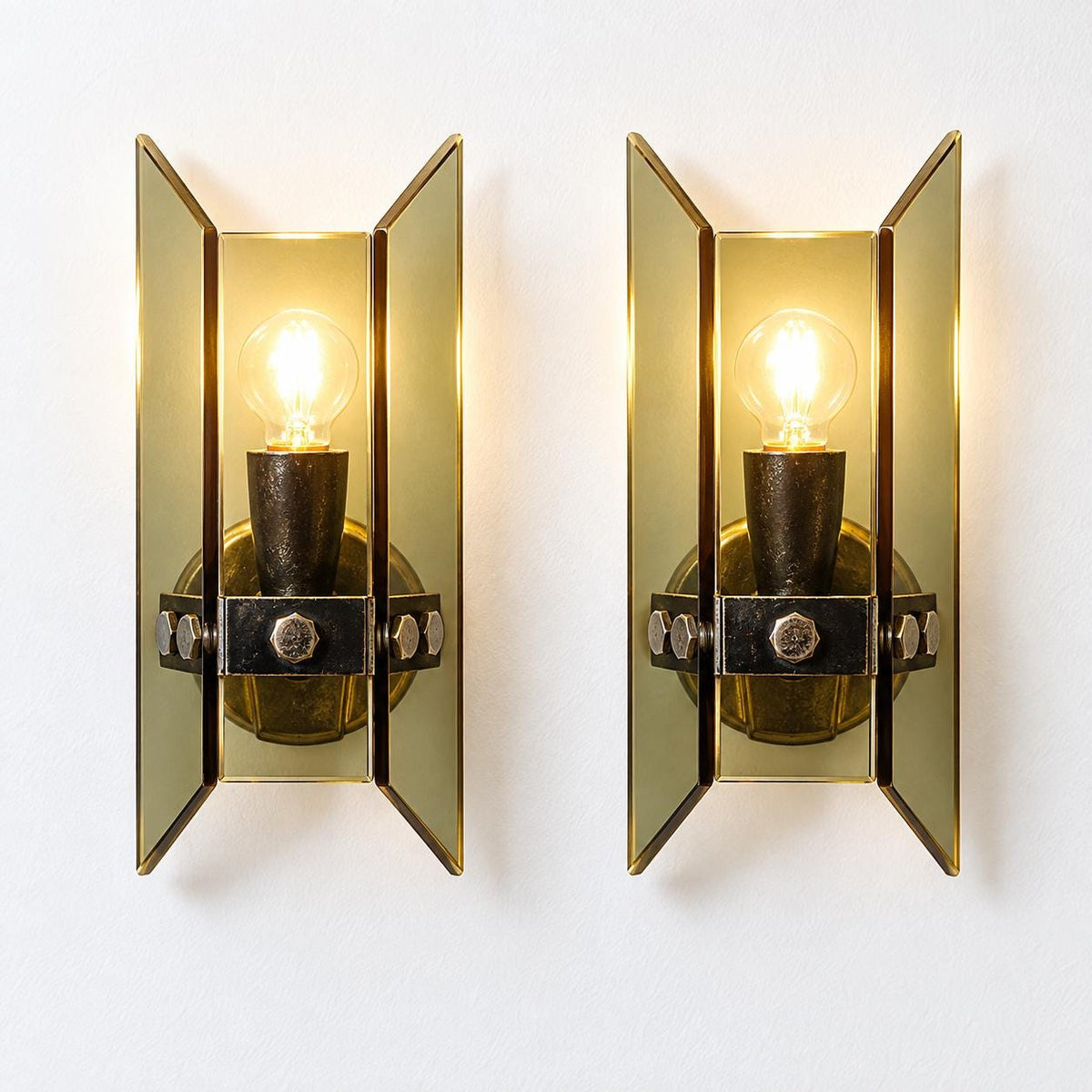 Pair of 1970s Smoked Glass Wall Sconces, Rectangular Panels and Steel Frames, Veca Attributed