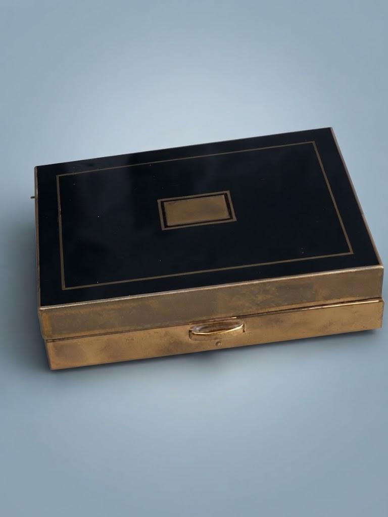 Vintage Art Deco Style Brass-Tone Cigarette Case with Black Lacquered Lid and Folding Rack