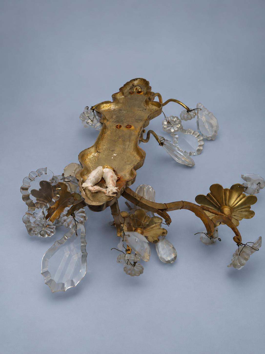 Pair of Gilt Brass Three-Arm Wall Sconces with Glass Drops, Vintage