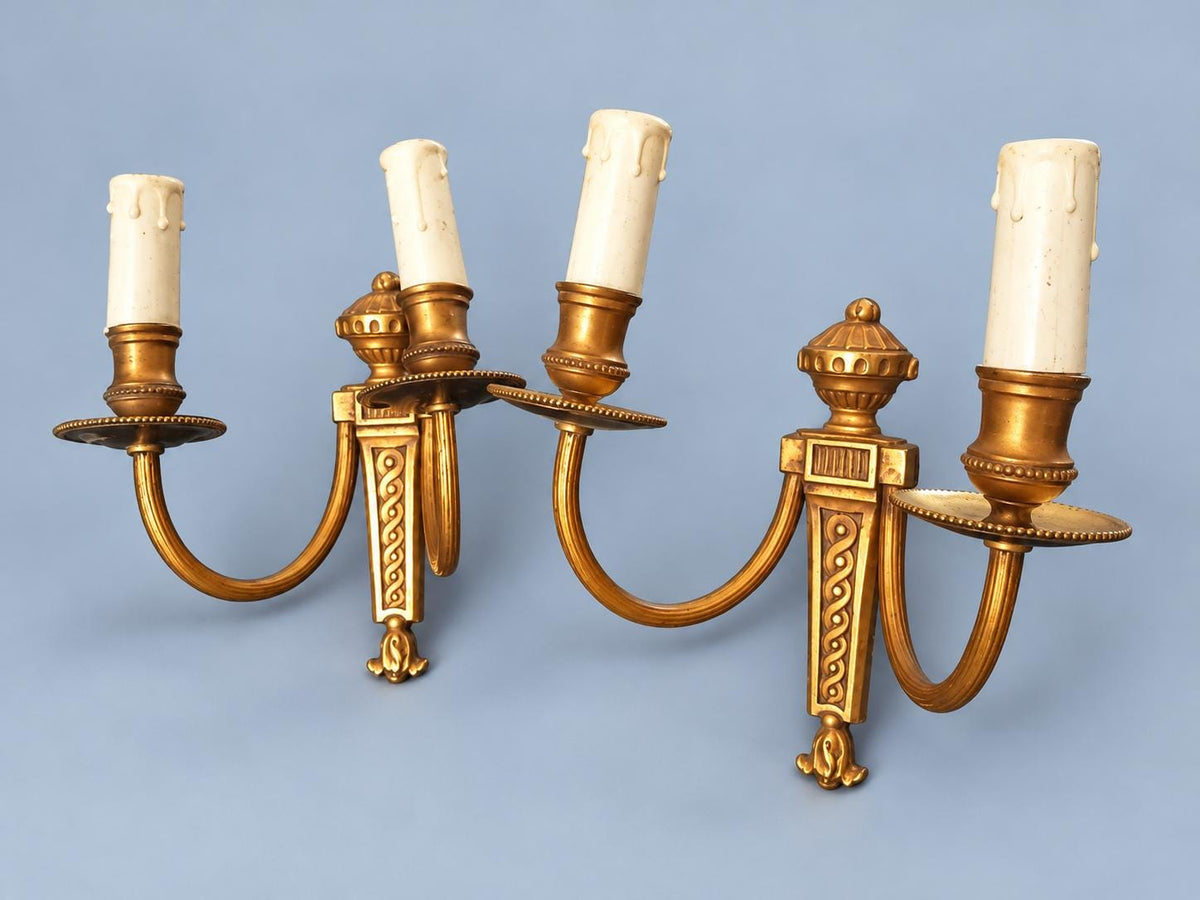 Pair of Small Gilt Louis XVI Style Two-Arm Wall Sconces with Urn Finial, Vintage
