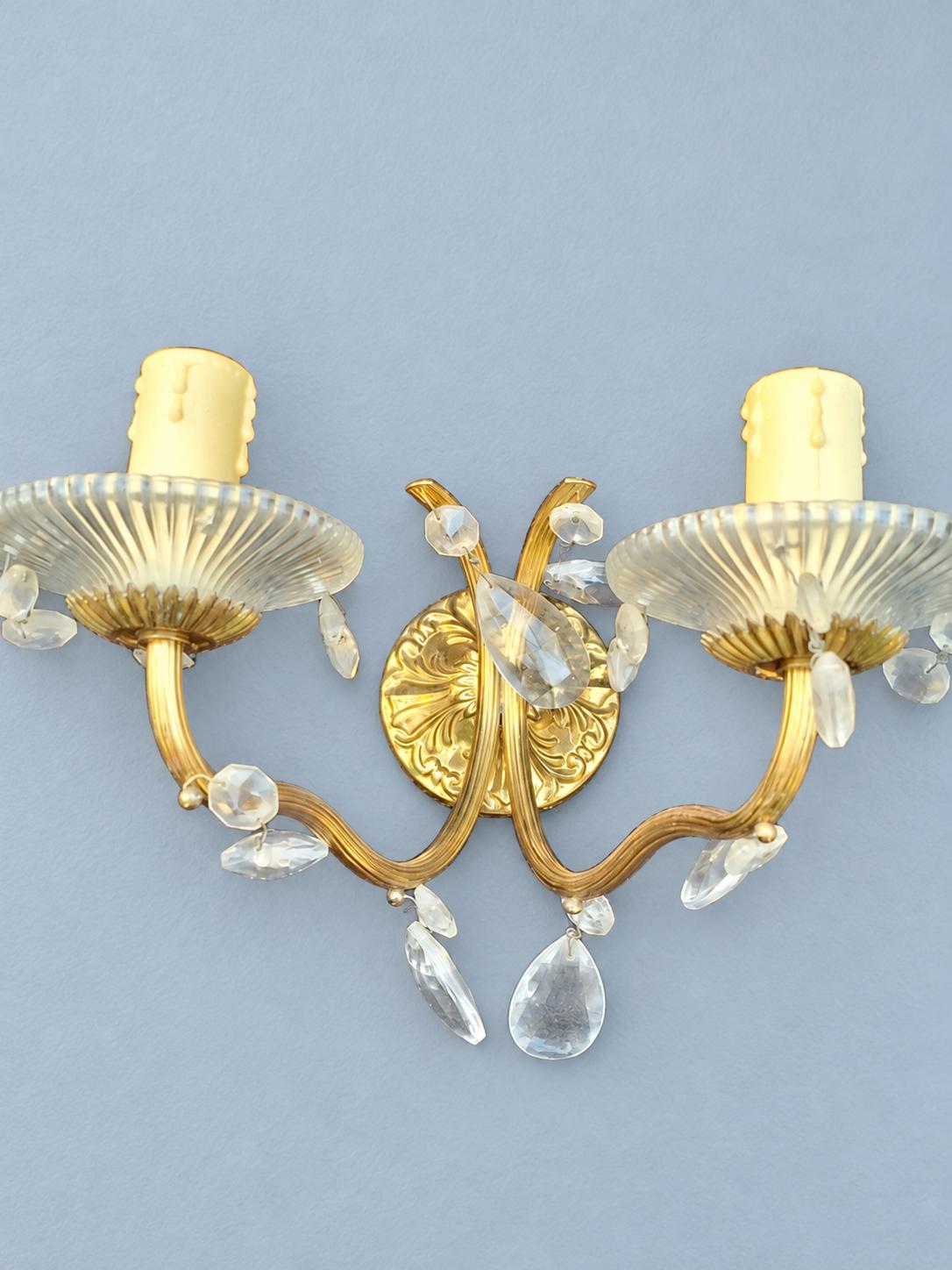 Pair of Brass Two-Arm Wall Sconces with Glass Drops and Ribbed Bobeches, Vintage