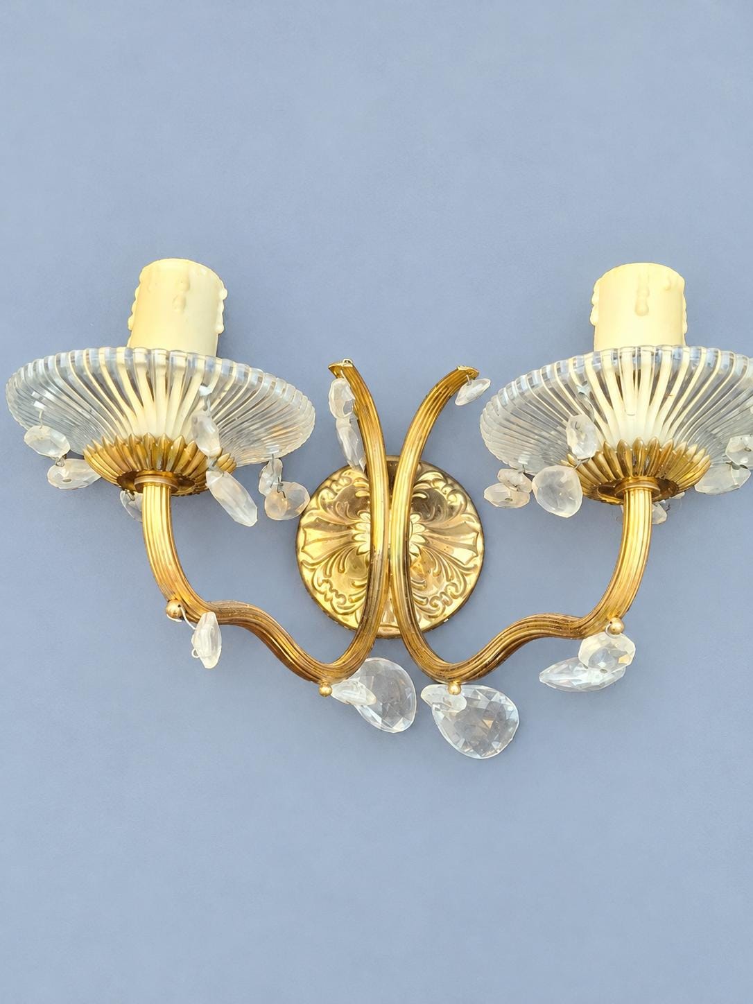 Pair of Brass Two-Arm Wall Sconces with Glass Drops and Ribbed Bobeches, Vintage
