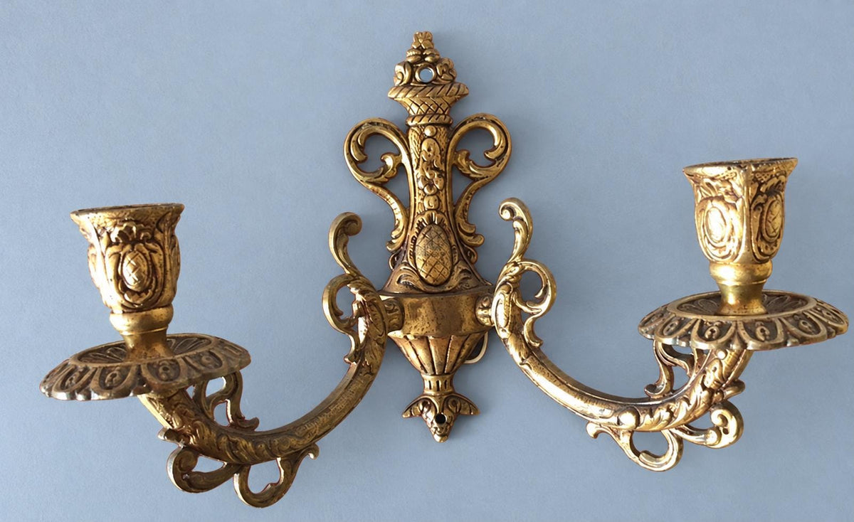 Rococo Style Gilt Two-Arm Wall Sconce with Pineapple Motif and Scrolled Arms, Vintage