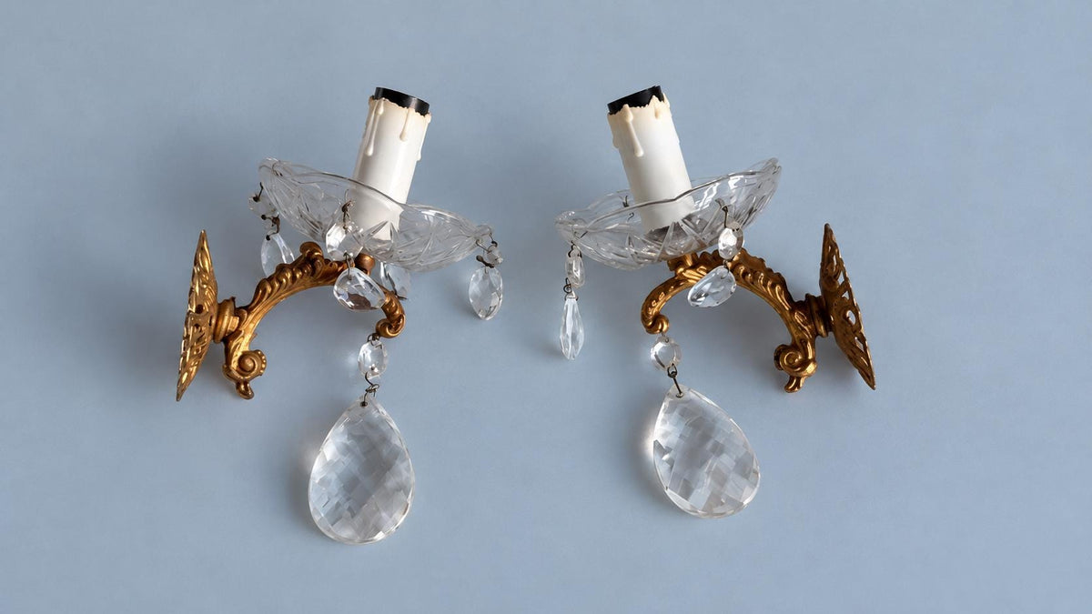 Vintage Pair of Louis XV Style Single-Light Wall Sconces, Gilt Brass with Cut Glass Drip Pans and Faceted Glass Drops, 18 cm