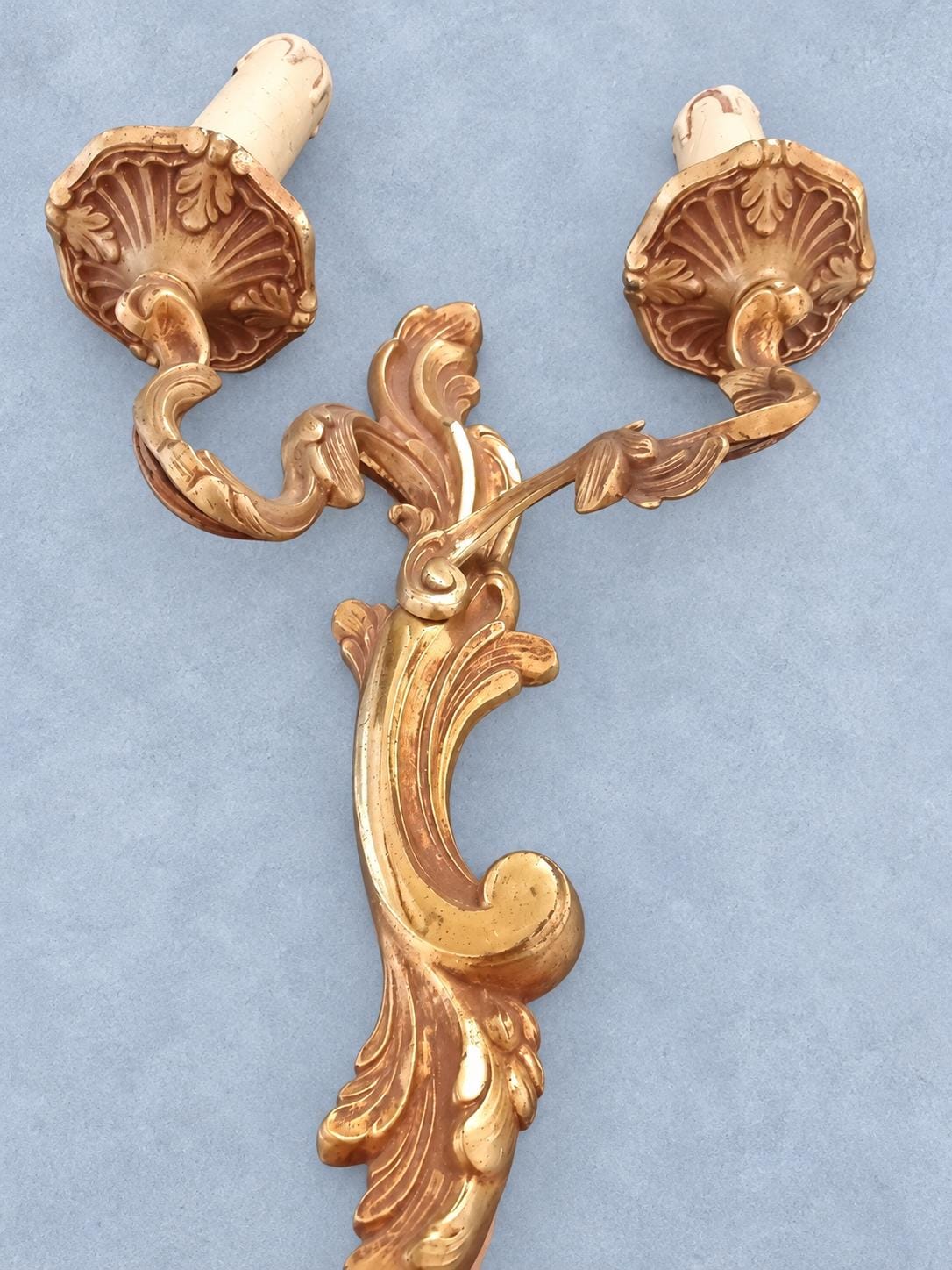 Pair of Gilt Louis XV Style Two-Arm Wall Sconces, Mirrored Acanthus Rocaille Design, Vintage