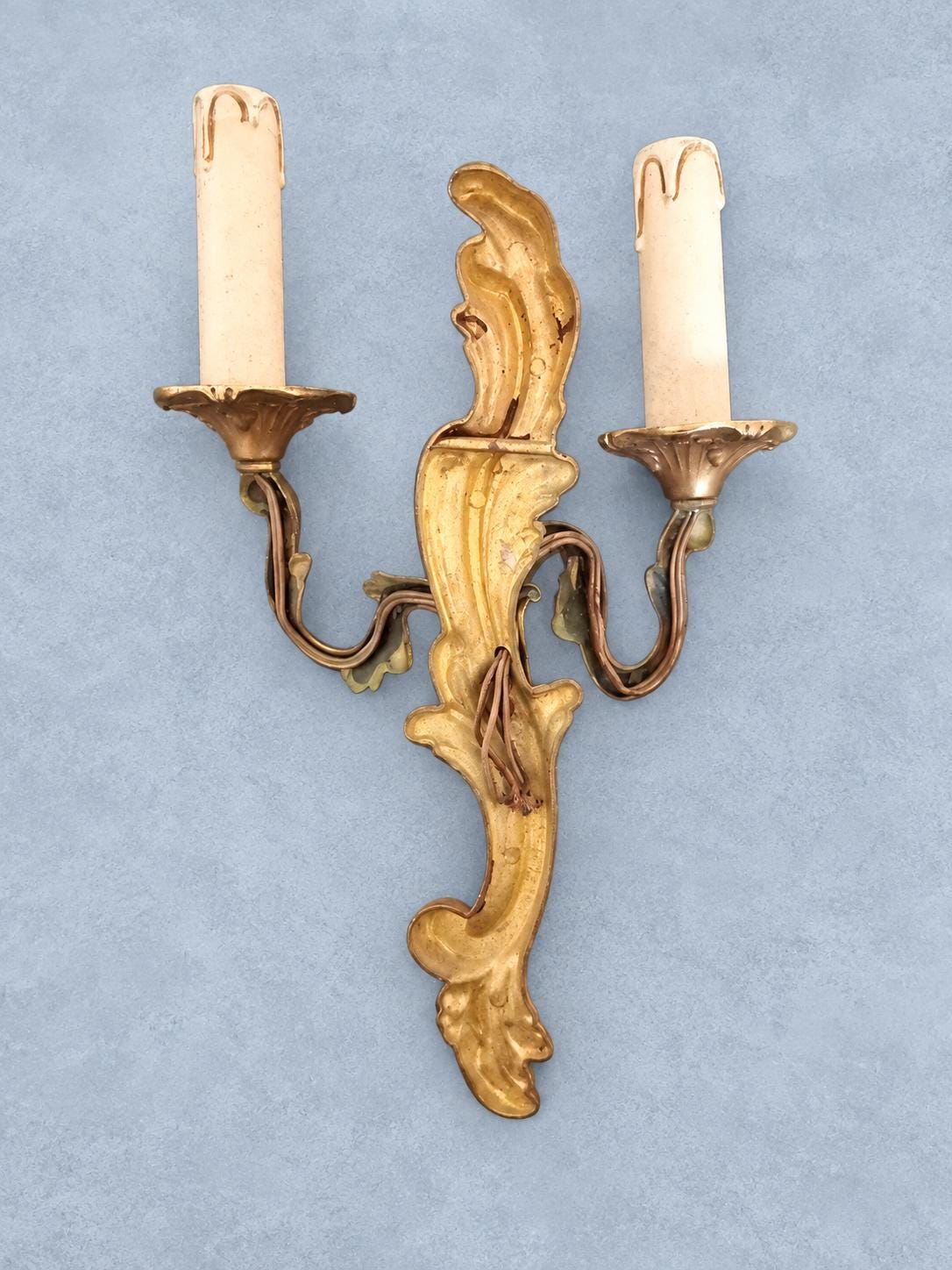 Pair of Gilt Louis XV Style Two-Arm Wall Sconces, Mirrored Acanthus Rocaille Design, Vintage