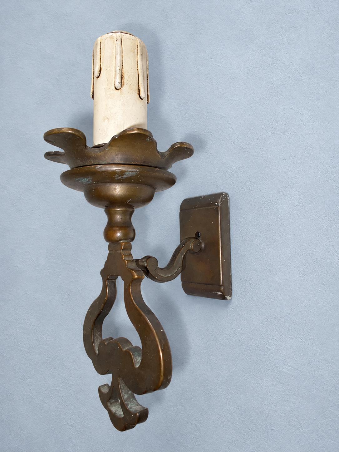 Vintage Pair of Patinated Metal Single-Light Wall Sconces, Pierced Spade-Shaped Body with Scalloped Drip Pans, Rustic Old World Wall Lights