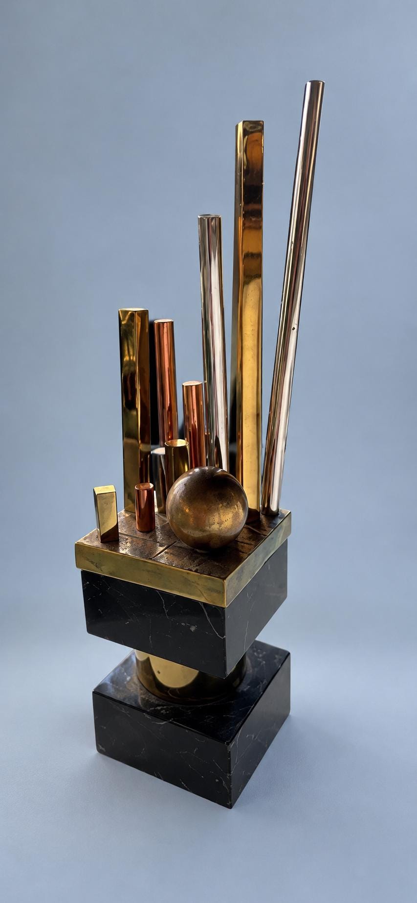 Vintage Geometric Modernist Desk Sculpture, Black Stone Blocks with Mixed Metal Rods, Trophy Style Skyline Form, 34 cm