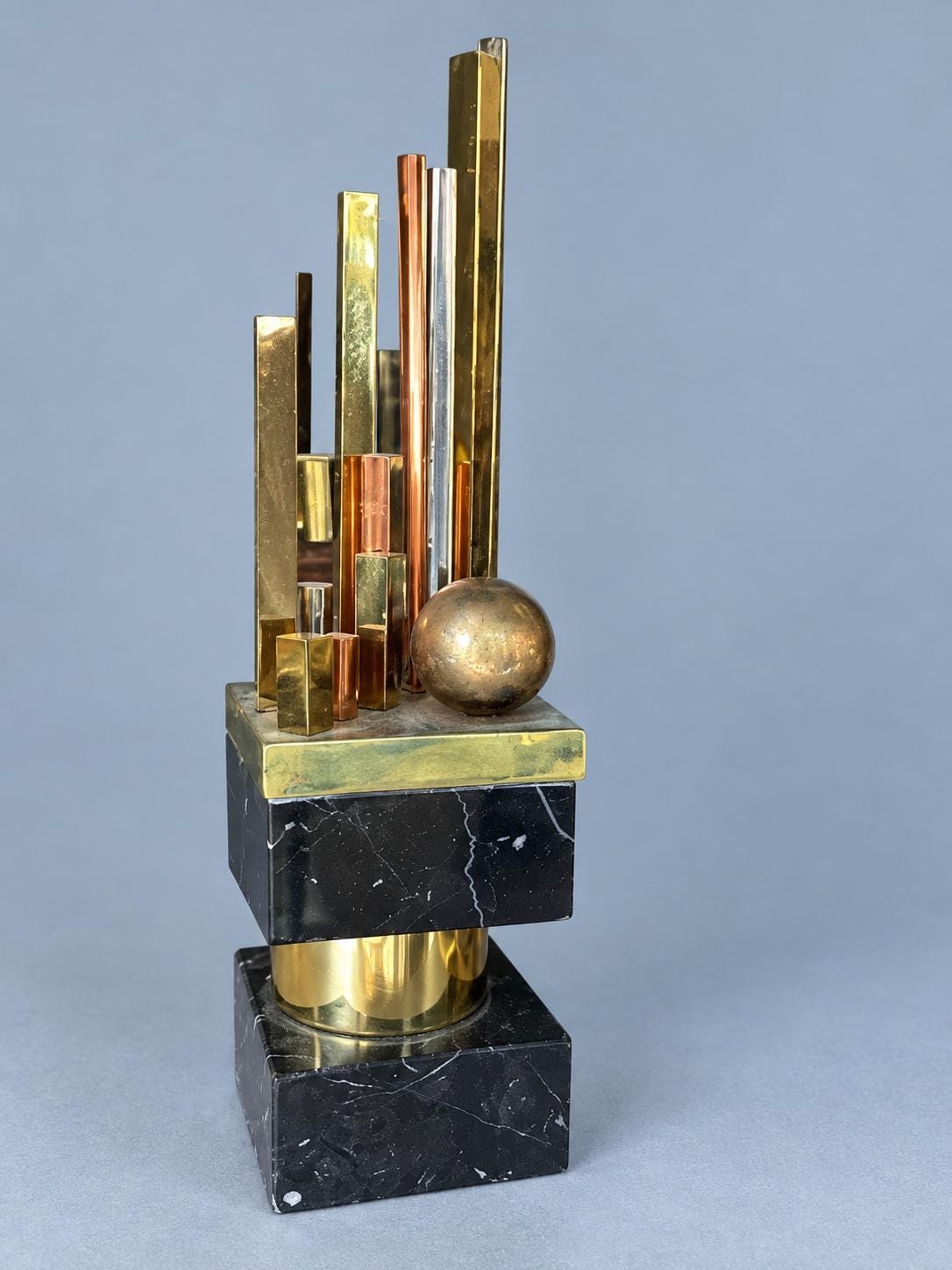 Vintage Geometric Modernist Desk Sculpture, Black Stone Blocks with Mixed Metal Rods, Trophy Style Skyline Form, 34 cm
