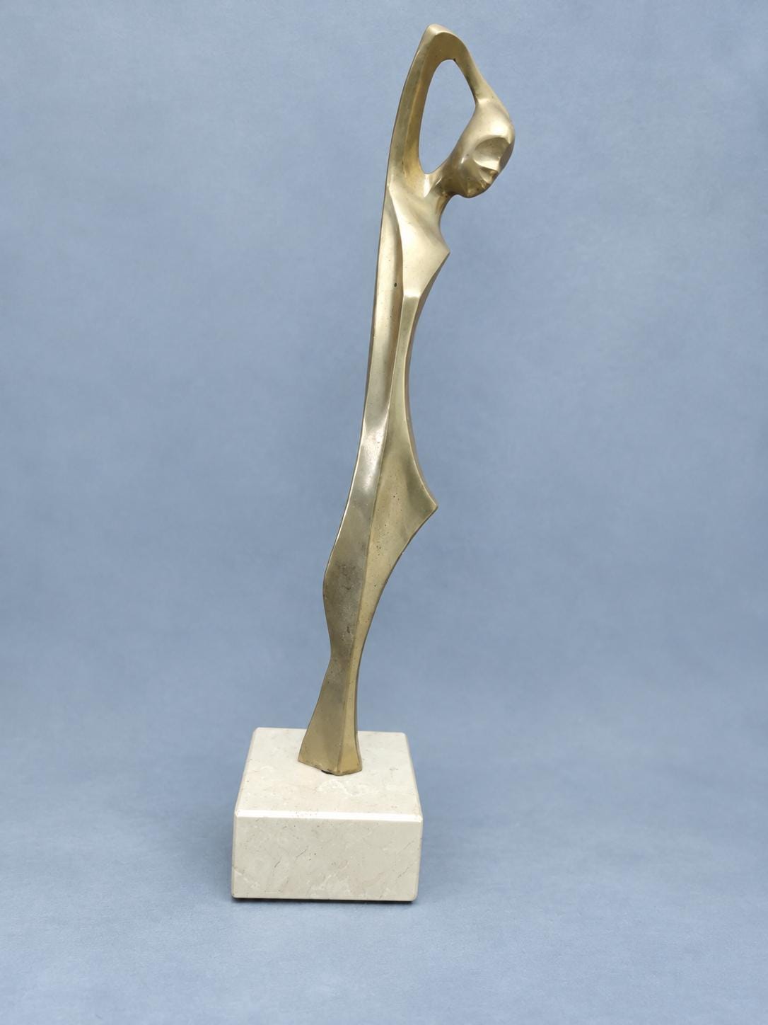 Vintage Modernist Female Figure Sculpture on Cream Stone Base, Gold-Tone Metal, Elongated Abstract Woman, 38 cm