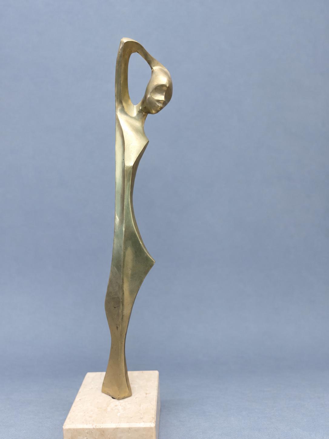 Vintage Modernist Female Figure Sculpture on Cream Stone Base, Gold-Tone Metal, Elongated Abstract Woman, 38 cm