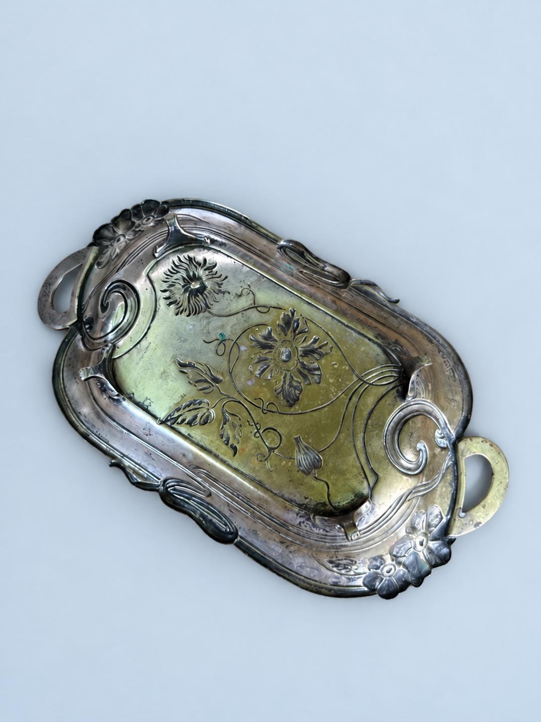 Vintage Art Nouveau Style Metal Tray with Poppy and Tendril Relief, Ribbon-Loop Handles, Patinated Finish, European Catchall Dish