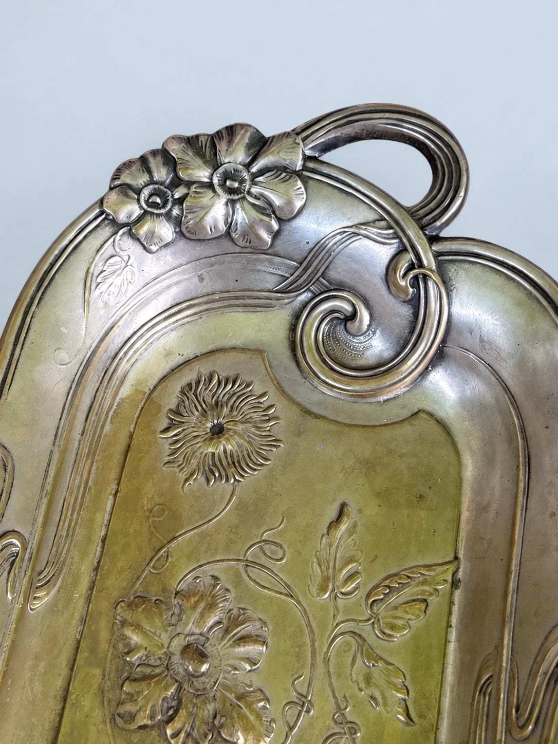 Vintage Art Nouveau Style Metal Tray with Poppy and Tendril Relief, Ribbon-Loop Handles, Patinated Finish, European Catchall Dish