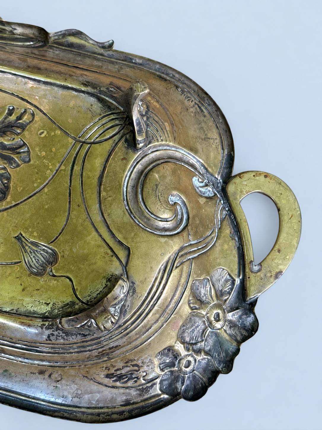 Vintage Art Nouveau Style Metal Tray with Poppy and Tendril Relief, Ribbon-Loop Handles, Patinated Finish, European Catchall Dish