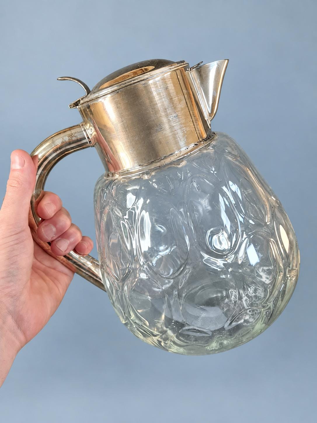 Vintage Molded Glass Pitcher with Silver-Plated Lid and Handle, 28 cm