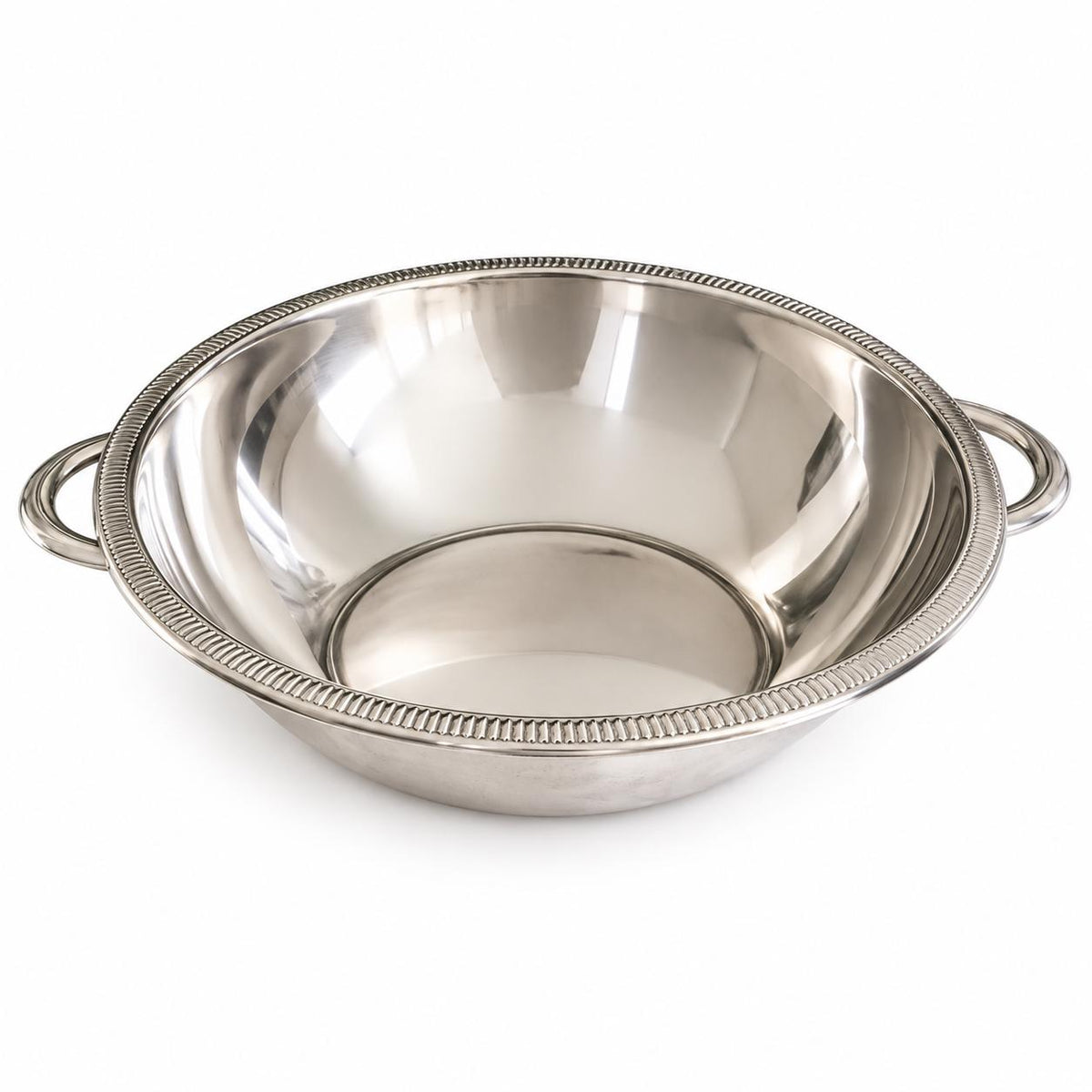 Stainless Steel Salad Bowl with Twin Handles and Reeded Rim, 26 cm Mirror-Polished Serving Bowl, Classic Tableware