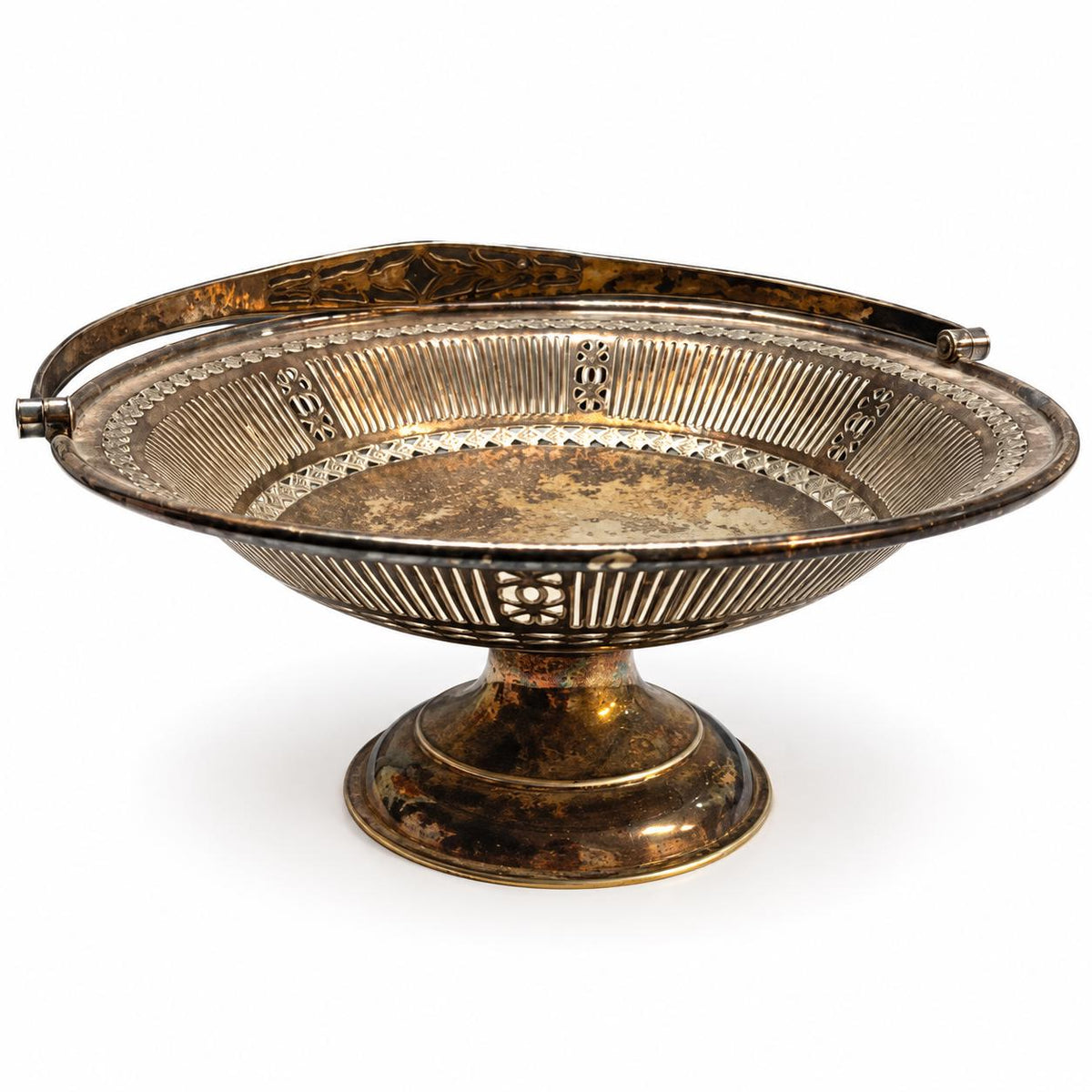 Vintage Pierced Footed Basket with Swing Handle, Silver-Tone Metal Pedestal Cake or Fruit Basket, Edwardian Style, 25 cm