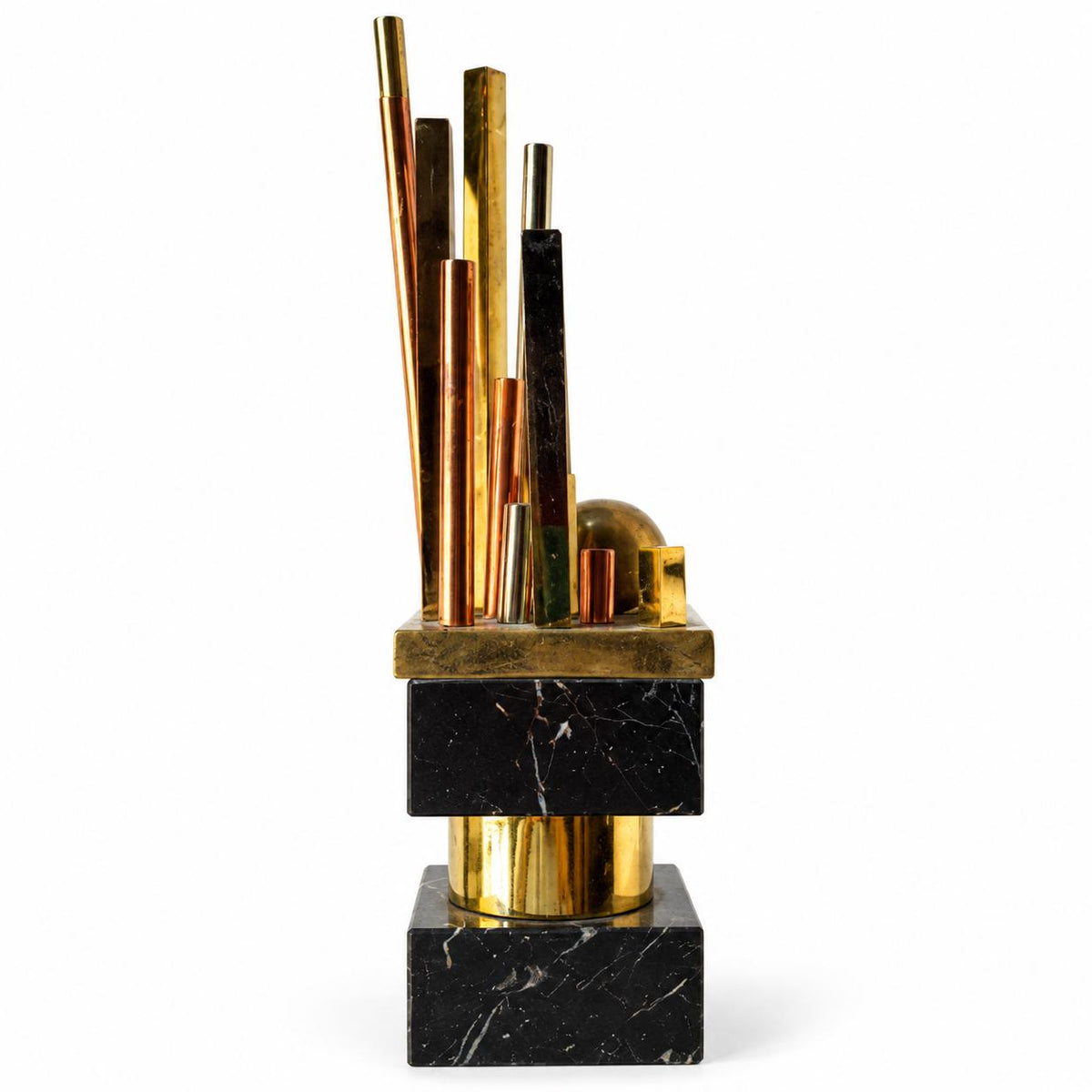 Vintage Geometric Modernist Desk Sculpture, Black Stone Blocks with Mixed Metal Rods, Trophy Style Skyline Form, 34 cm