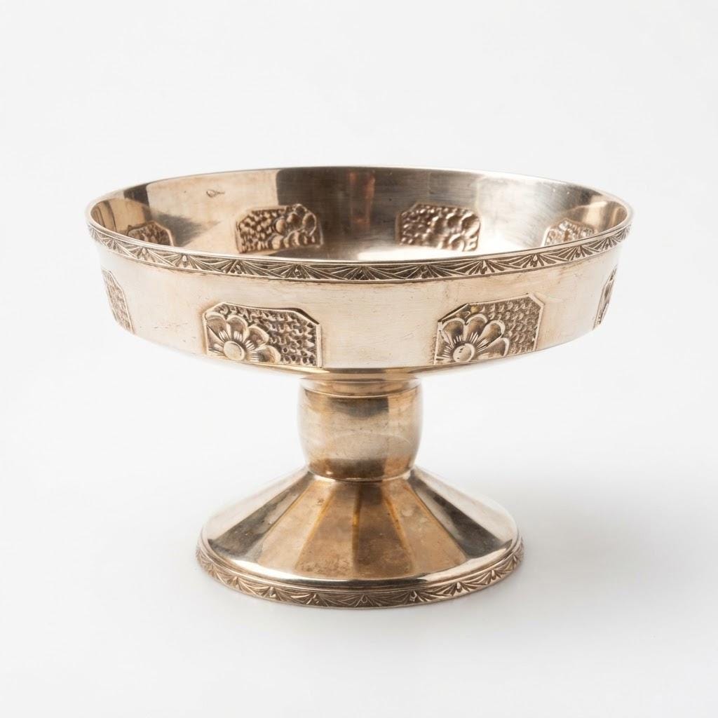 Vintage Art Deco Footed Bowl, Silver-Tone Metal Coupe on Pedestal with Fan Flower Panels and Chevron Borders, 20 cm