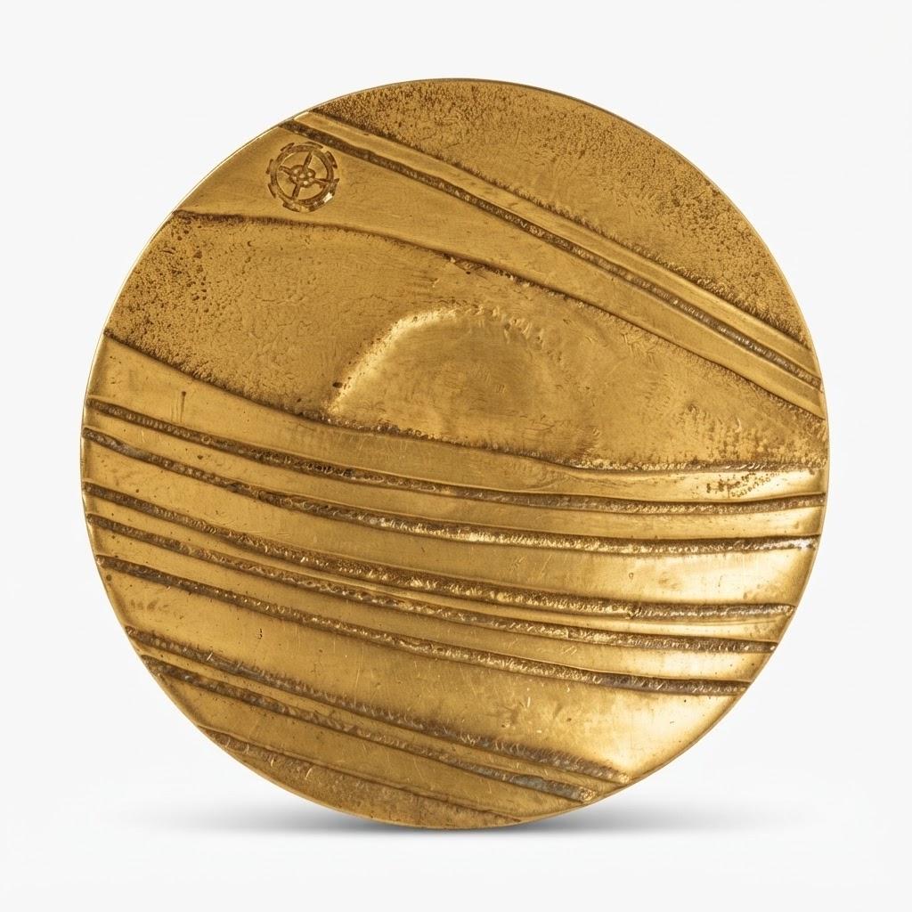 Vintage Brass Vide-Poche Dish with Wave and Sun Relief, Modernist Abstract Seascape Catchall, Cross Emblem, 14 cm