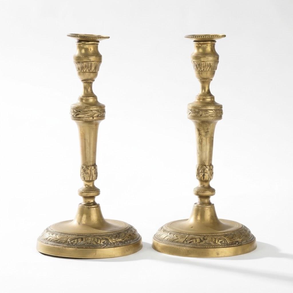 Vintage Pair of Louis XVI Style Brass Candlesticks with Oak Leaf and Beaded Friezes, Bobèches, 26.5 cm