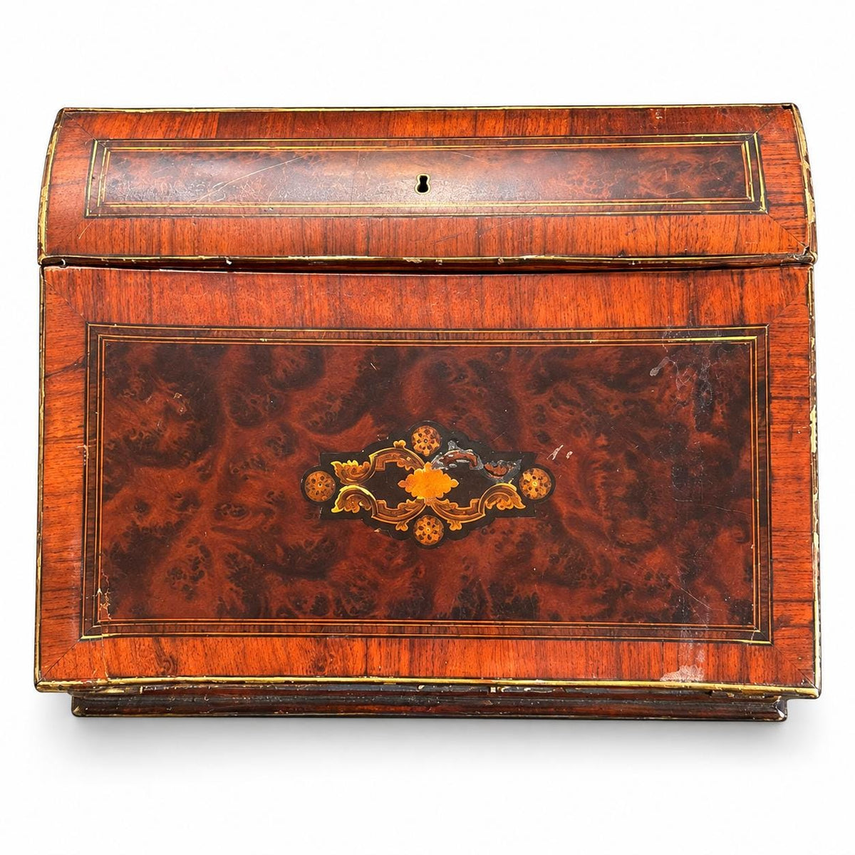 Vintage Napoleon III Style Writing Slope, Attributed 19th Century, Burl-Effect Veneer Travel Writing Box with Inlay, 33 cm