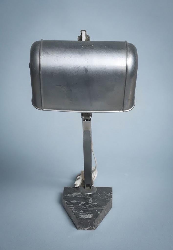 Art Deco Articulated Metal Desk Lamp, Black Veined Marble Base, Adjustable Hood, 1930s–40s Attribution