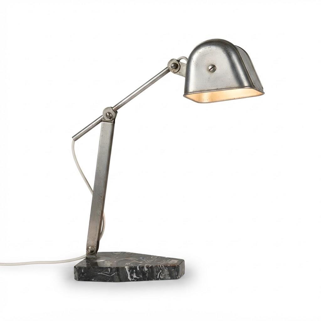 Art Deco Articulated Metal Desk Lamp, Black Veined Marble Base, Adjustable Hood, 1930s–40s Attribution